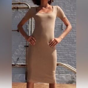 Zara Midi Bodycon Dress Ribbed Square Neck Short Sleeves Tan Size S